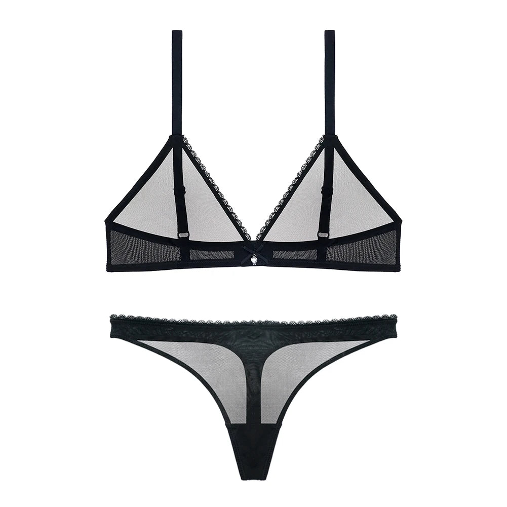 Sexy ladies see through elastic mesh bra set women wire free white underwear bra+thong lingerie set