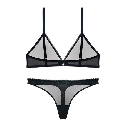 Sexy ladies see through elastic mesh bra set women wire free white underwear bra+thong lingerie set