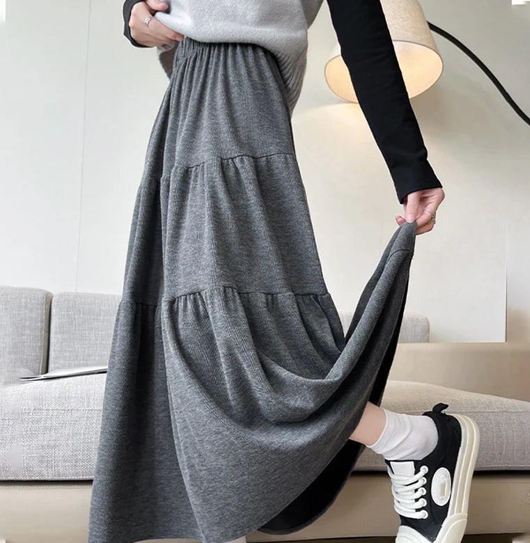 Autumn Casual Knit Pleated Skirt for Women Elegant Solid Color A Line Long Skirts Korean Streetwear High Waist Patchwork Skirt