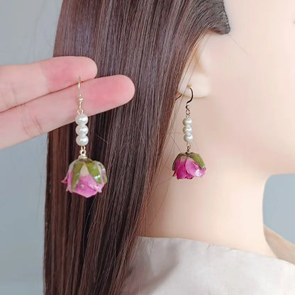 Unique Immortal Flower Earrings Elegant Natural Flower Pearl Drop Earrings Statement Jewelry Epoxy Resin Real Rose Earring 2024