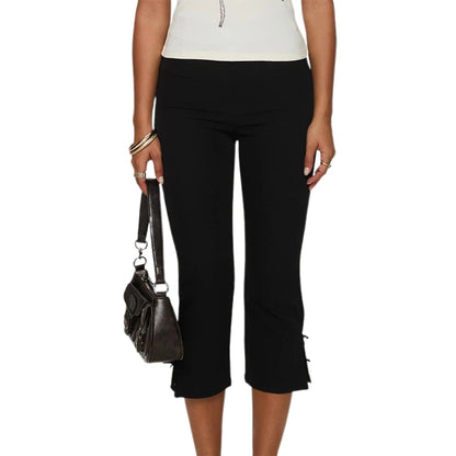 Women Capri Pants Solid Color Bow Decor Summer Casual Cropped Pants Stretch Crop Leggings
