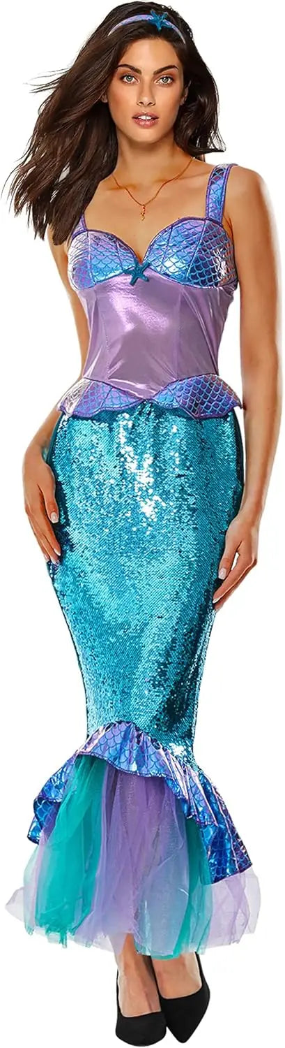 The Mermaid Cosplay Costume for Women Halloween Sea-maid Tail Dress Adult Blue Sequins Skirts Pool Party Ocean Princess Outfit