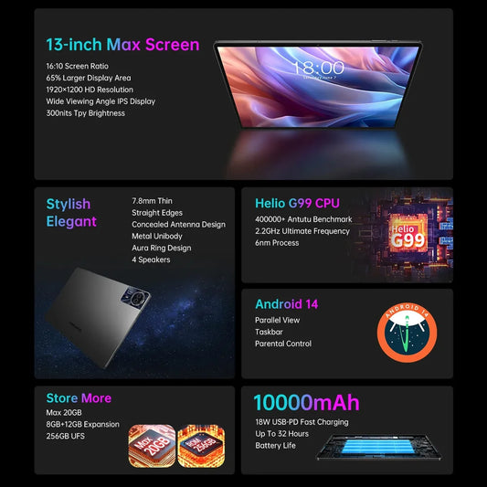 【World premiere】 Teclast T65 Max 13 "HD Display Android 14 Tablet MediaTek G99 8GB RAM GB ROM mAh Battery Widevine L1