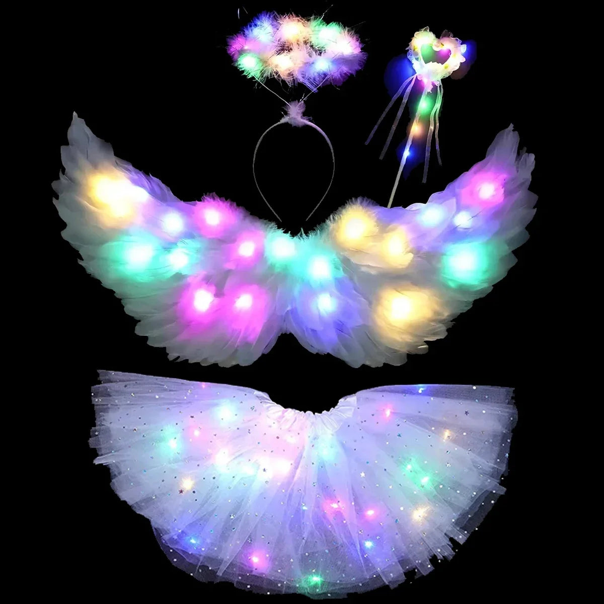 EtherealBe light up angel costume for girls featuring glowing wings, a tutu, and a halo headband