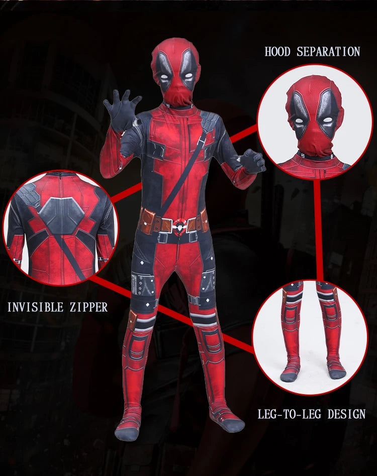 Dead Cosplay Pool Cosplay Kid Costume Child Superhero Roleplay Disguise Outfits Headgear Gloves Halloween Party Fantasia Suits