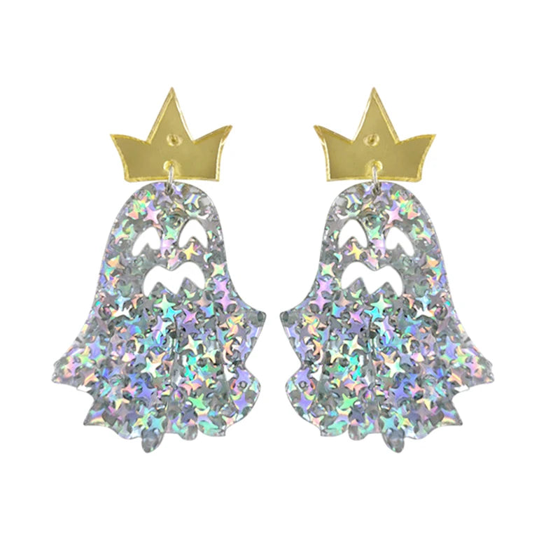 EtherealBe Halloween earrings for women featuring sparkly ghost design with a crown detail