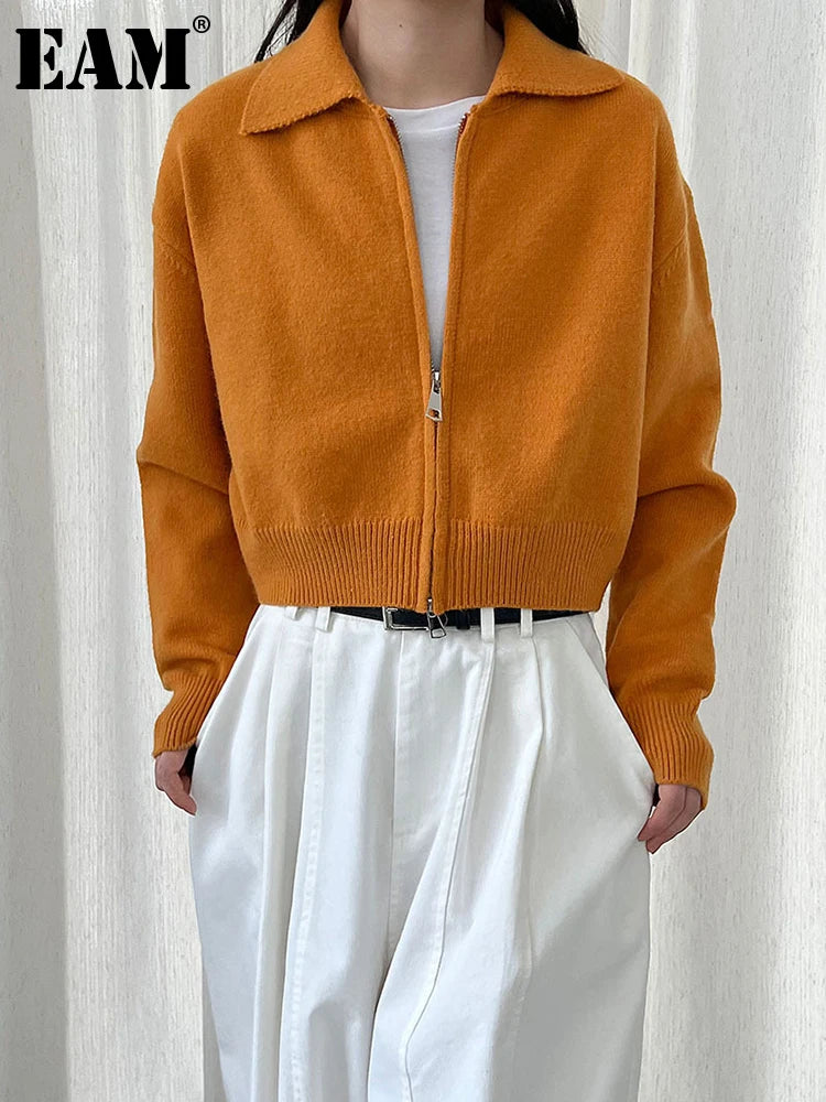 [EAM] Orange Big Size Casual Knitting Cardigan Sweater Lapel Long Sleeve Women New Fashion Tide Spring Autumn 2026 1DJ3315