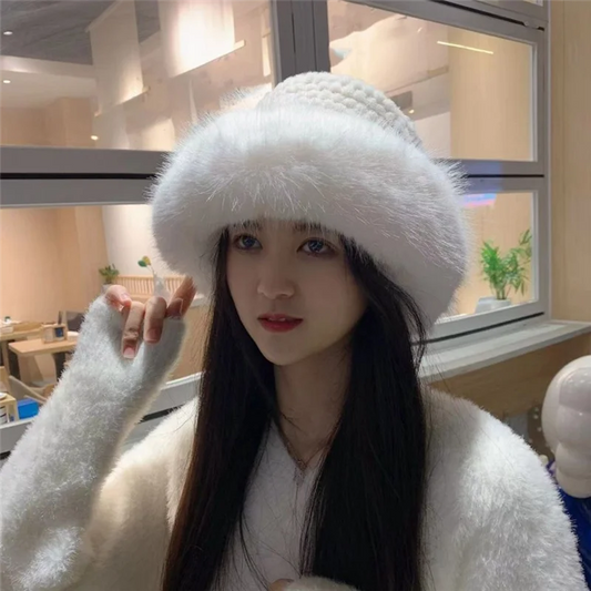 HOES-Women's Bucket Hat Plush Protection From Cold Fashionable Winter Hat For Women Winter Cap -Black