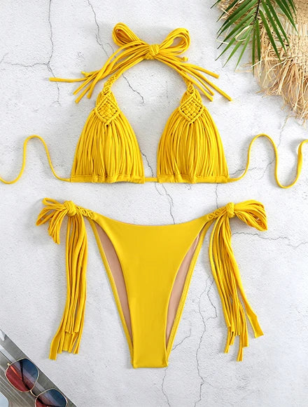 Comfortable Brazilian G-String Swimwear Bandage Stripes Trim Halter Female Bikini Set 2024 New Fashion Chest Pad Beachwear