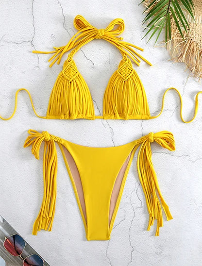 Comfortable Brazilian G-String Swimwear Bandage Stripes Trim Halter Female Bikini Set 2024 New Fashion Chest Pad Beachwear