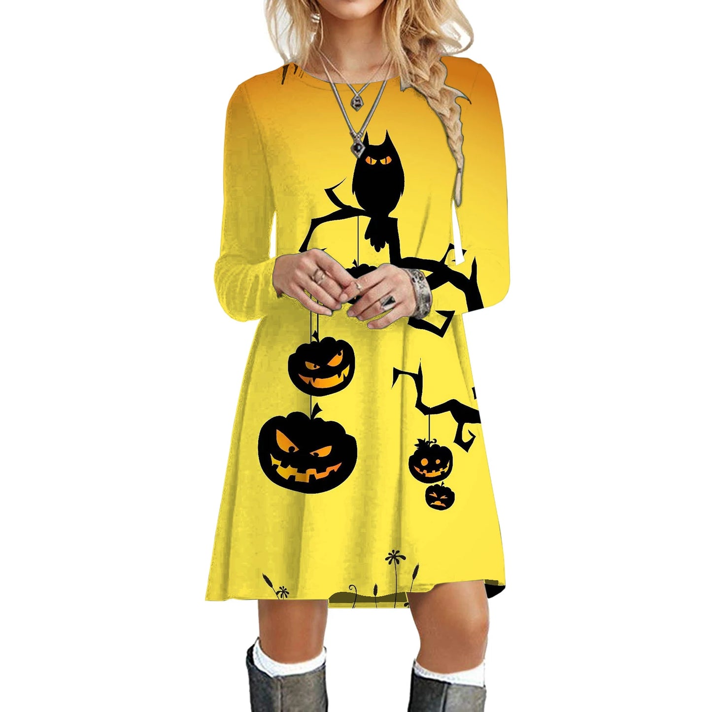 Halloween Party Dresses For Women Funny Cats 3D Pumpkin Print Dress Autumn Winter Fashion Long Sleeve Kawaii Dress Oversize 2023