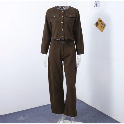 Vintage Solid Denim Jacket Pants Sets Women O-neck Single Breasted Long Sleeve Coat Wide Leg Trousers 2025 Jeans Outfits Street
