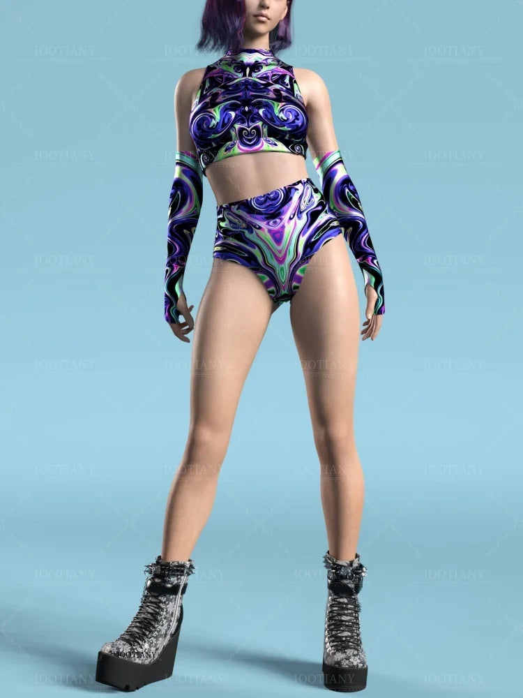 Adult Sleeveless Multicolor Role Play Bodysuit Swimsuit Women Sexy Hollow Off Shoulder Graffiti Art Bodycon Performance Costume