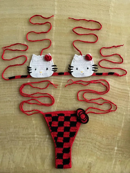 Sanrio Crochet Bikini Set Cute Girls Swimsuits Hello Kitty Sexy Bathing Suit Micro Ties Bikinis Beachwear Women Swimming Suit