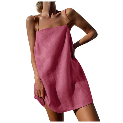 Summer Dresses Women Linen Vacation Cute Spaghetti Strap Fashion High Waist Backless Pockets Casual Summer Beach Dress
