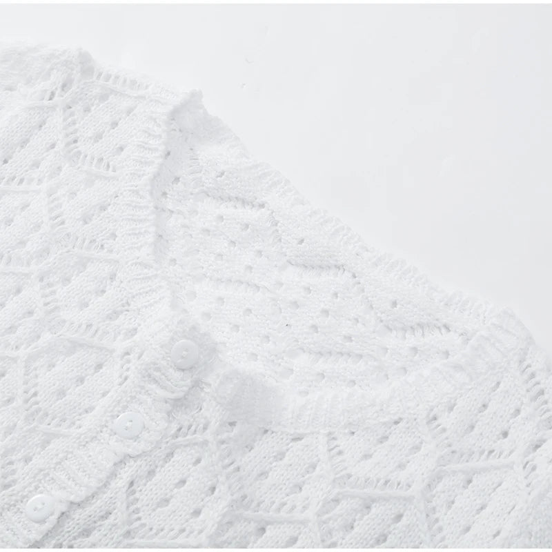 Sexy Women Crochet Hollow Out Patchwork Top Suits Fashion Round Neck Cardigan Crop Shorts Sets Summer Female Beach Party Outfit