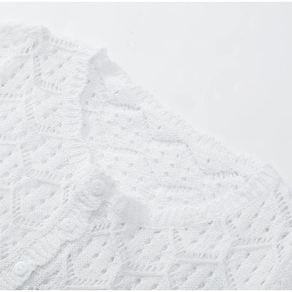 Sexy Women Crochet Hollow Out Patchwork Top Suits Fashion Round Neck Cardigan Crop Shorts Sets Summer Female Beach Party Outfit