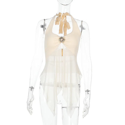 Absobe Halter Tie-Back Sheer Mesh Patchwork With Metal Accents Tank Top Backless Y2K Vest For Women Chic Streetwear Blouse