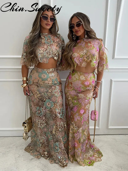 See Through Print Tank Top Women Set Urban Hollow Out O-neck Top Hip Package Skirts 2025 Summer Holidays Beach Lady Outfit