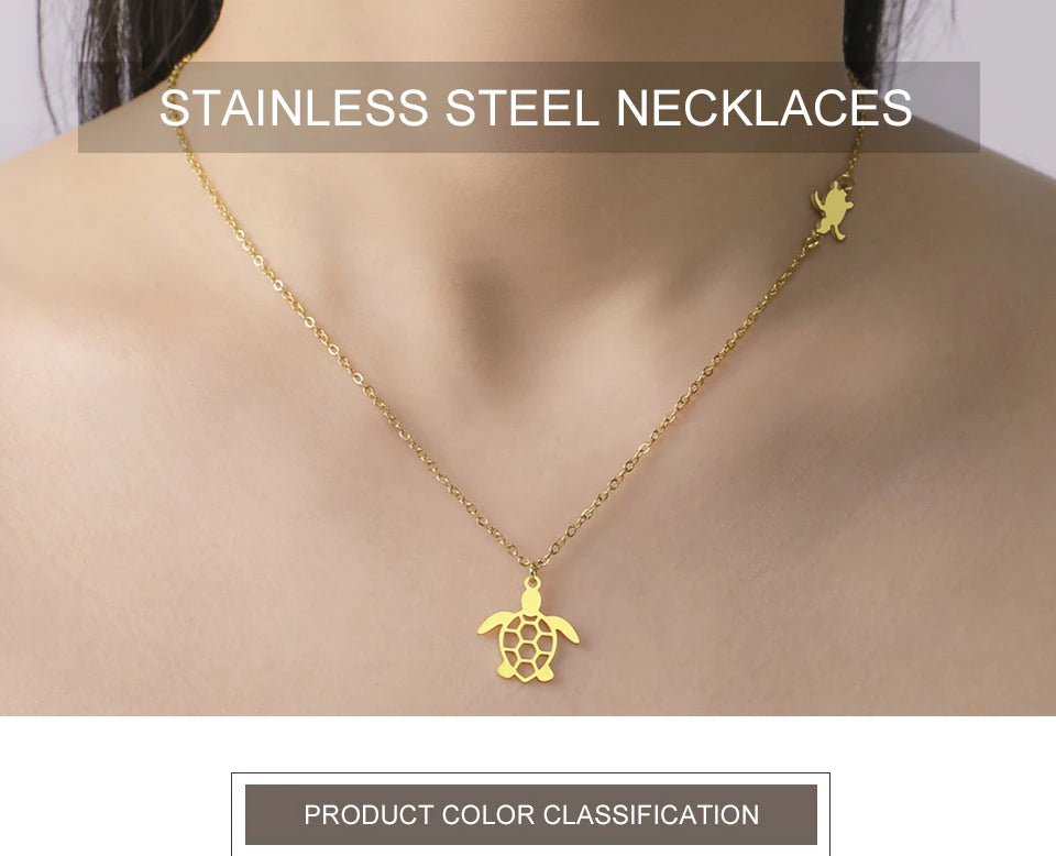 Gold stainless steel sea turtle pendant necklace for women with a delicate chain design