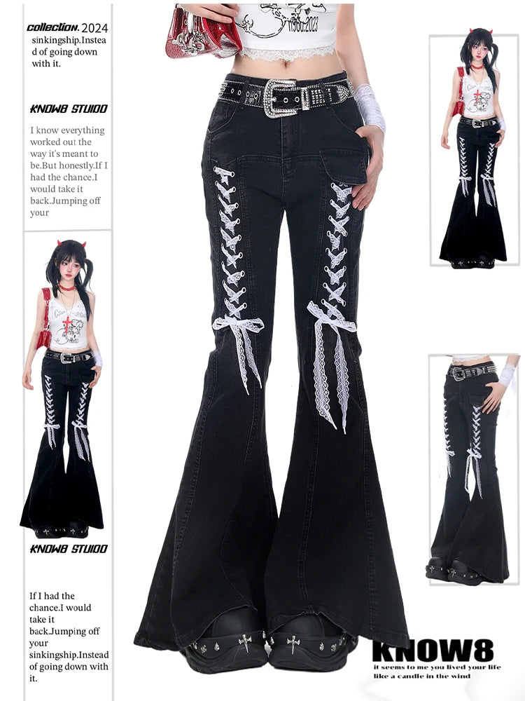 2025 Autumn Winter Women Designer 2000s Harajuku Lace Gothic Flare Denim Pants Y2k Japanese Streetwear Jean Baggy Bell Bottom
