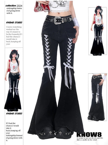 2025 Autumn Winter Women Designer 2000s Harajuku Lace Gothic Flare Denim Pants Y2k Japanese Streetwear Jean Baggy Bell Bottom