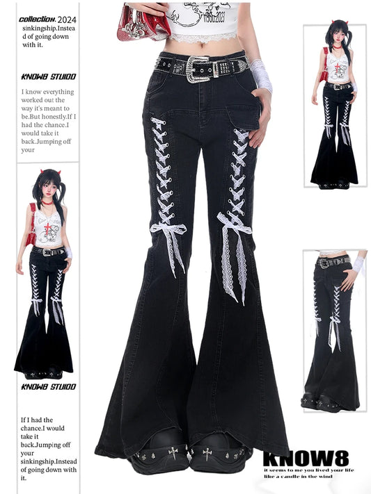 2025 Autumn Winter Women Designer 2000s Harajuku Lace Gothic Flare Denim Pants Y2k Japanese Streetwear Jean Baggy Bell Bottom