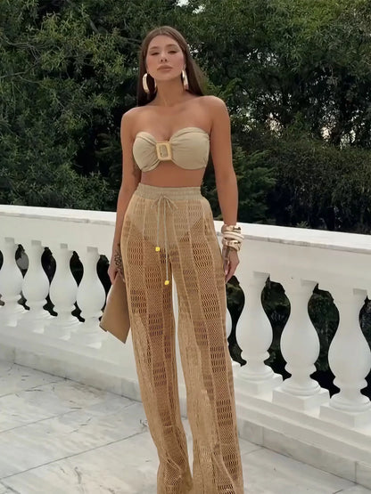 3 Pcs Sexy Bandage Bikini With Pants Wide-Leg Lace Pants Summer Women White Tube Top with Pants Suit Female