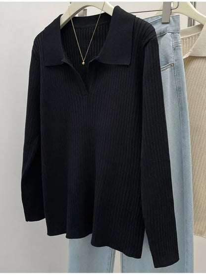 Plus Size Autumn V-Neck Pullover Sweater Tops Women Fashion Loose Pleated Korean Ladies Sweaters Casual Woman Sweater Tops