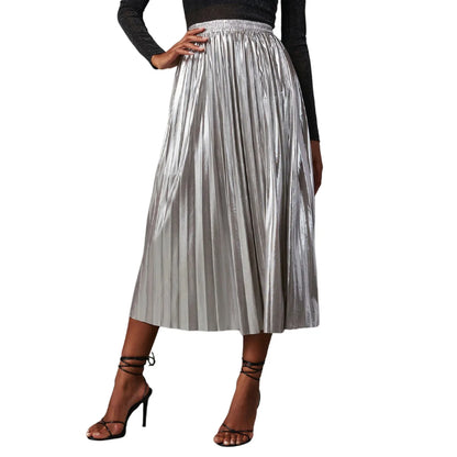 Silver A Line Skirts Hot Stamping Shiny Pleated High Waist Pleated Skirt Anti Permeability Length Autumn Shinny Korean Bottoms