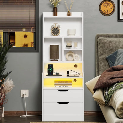 Charging Nightstand Set of 2 with LED Lights,Tall Night Stand with Bookshelf,Bedside Table with Drawers