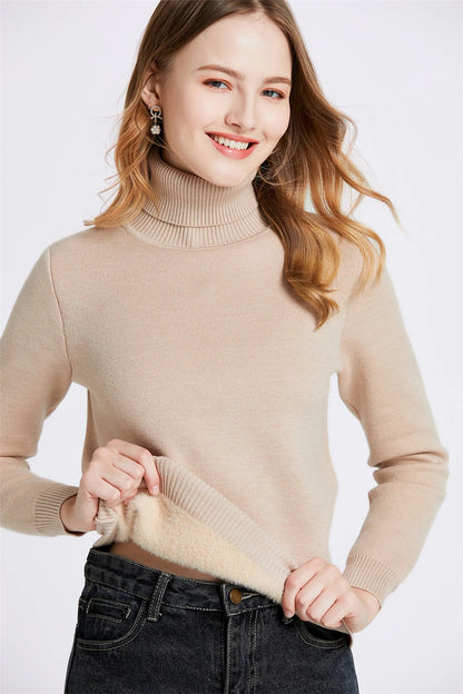 Sweater For Women Winter Thicken Turtleneck Slim Knit Pullover New Warm Plush Velvet Lined Knitwear Jumper Tops Casual Poleras