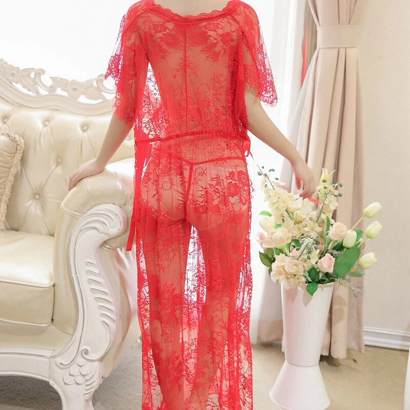 Sexy Long Robes Night Dress Women Sleepwear Robe Floral Nightgown Nightrobe women Gowns Deep V Lace Lingerie Robe Sets