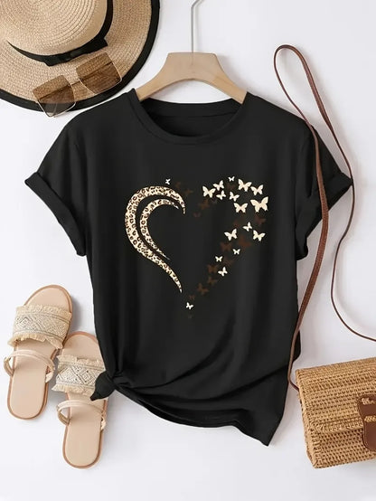 EtherealBe stylish women's heart print shirt featuring butterfly and leopard design on a black background