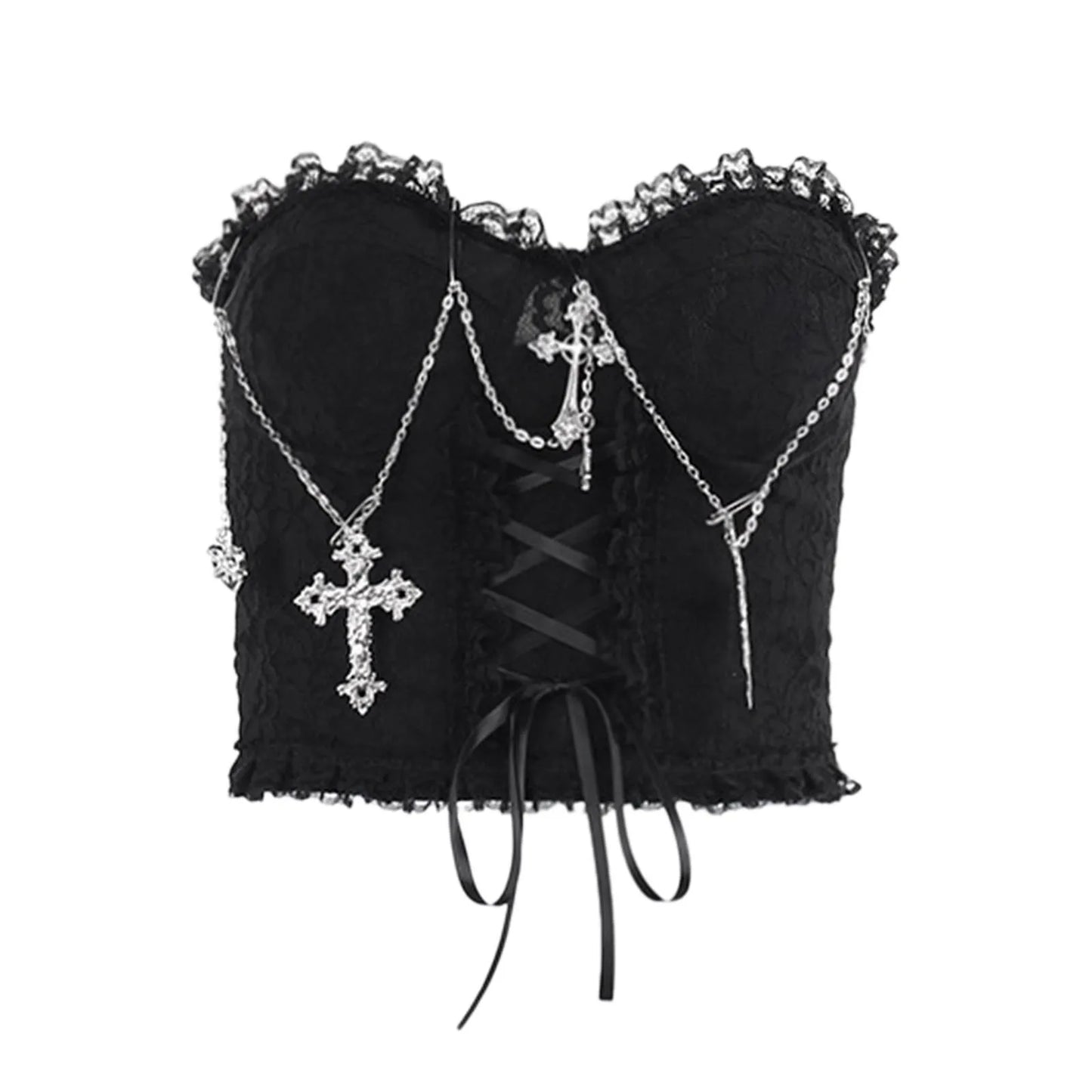 Gothic Cross Chain Crop Tube Top Women's Harajuku Lace Trim Strapless Tank Tops Y2K Clothes Punk E Girl Hippie Party Grunge Tops