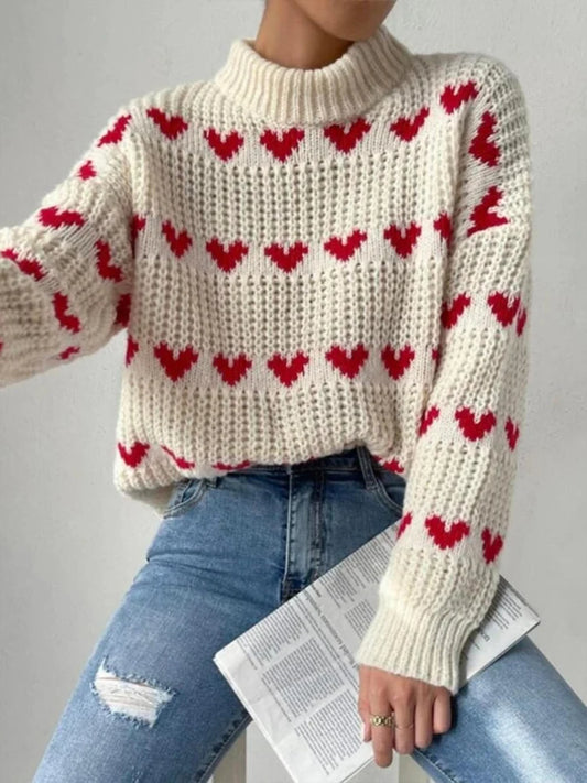 Autumn/Winter New Arrivals European & American Style Pullover Sweater Loose-Fit Heart-Pattern Jacquard Knitwear for Women