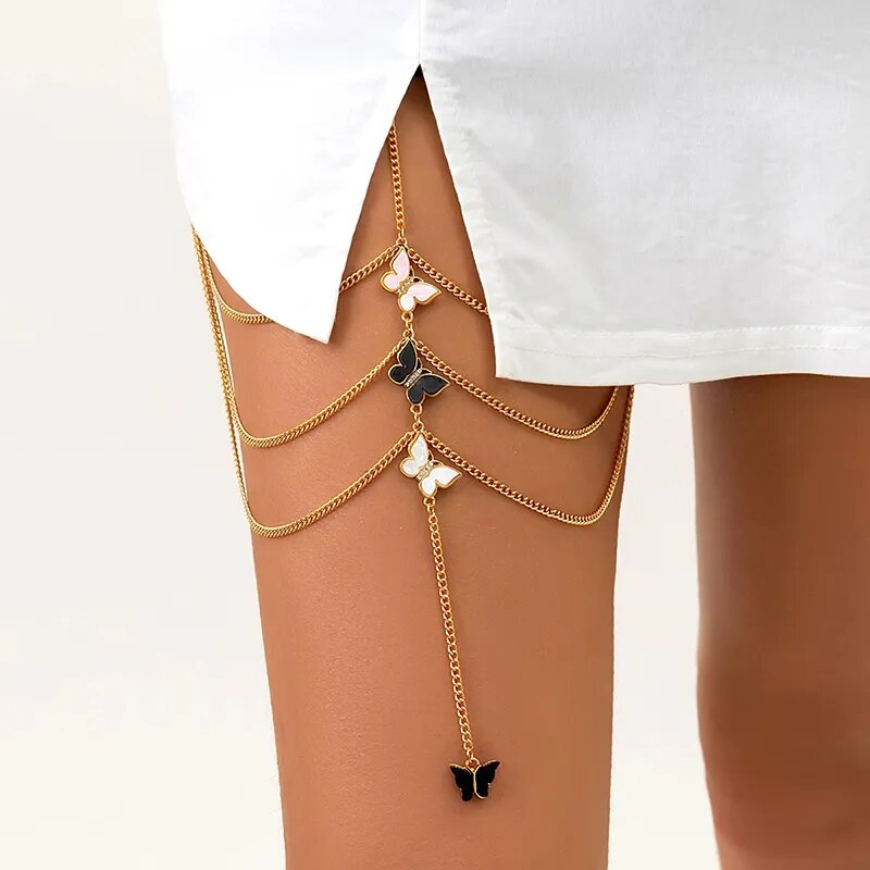 New Fashion Female Insect Butterfly Leg Chain For Women Body Jewelry Beach Style Ladies Gold Color Metal Multilayer Thigh Chain