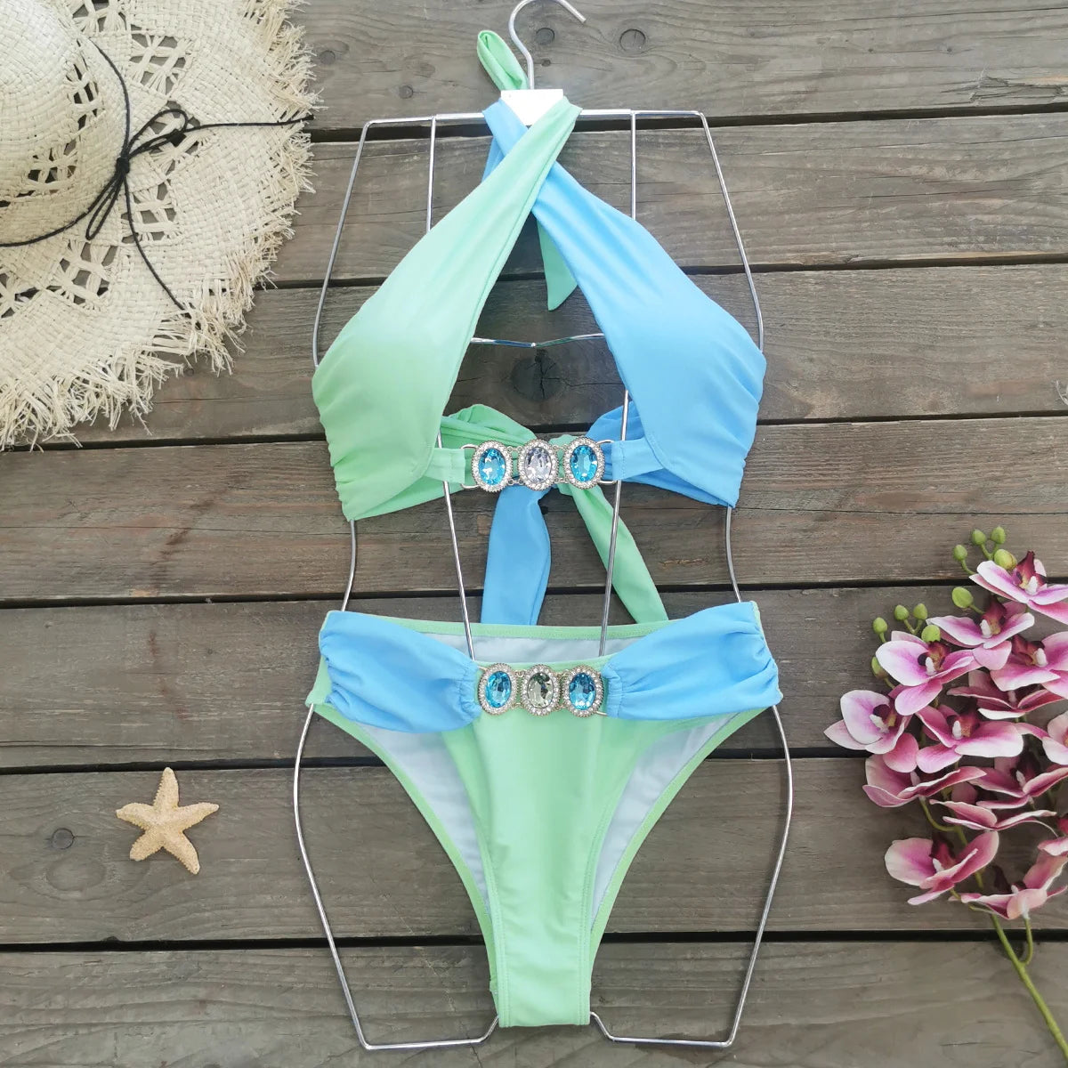 Backless Halter Bikini Set Women Swimsuit Sexy Triangle Color Match Lady Beachwear 2024 Summer Trend Bathing Suit Female Clothes