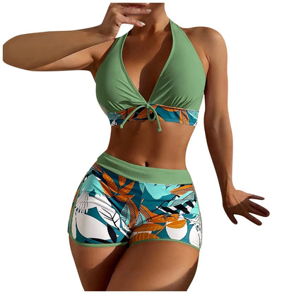 Women's Paneled Printed Swimsuit Ladies Fashion Sexy Split Boxer High Waist Swimsuit Two-Piece Set V-Neck Bathing Suits Female