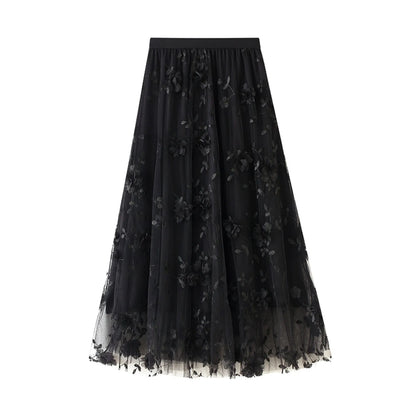 Korean Style Women's Floral Embroidered Mesh Skirt Harajuku High Waist A Line Midi Skirts Elegant Tulle Skirt Faldas Mujer