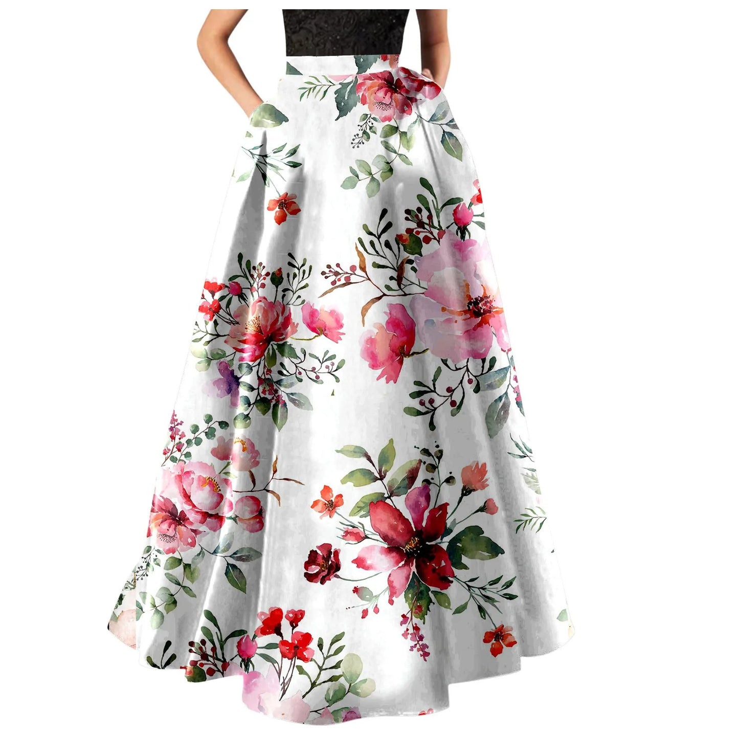 Korean Elegant Bohemian Skirts For Women 2024 Floral Print Maxi Skirt High Waist Pocket Party Beach Long Skirt Ropa De Mujer
