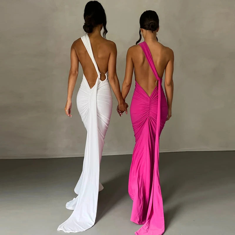 Hugcitar One Shoulder Backless Adjustable Scarf Loop Ruched Sexy Maxi Dress 2025 Women Elegant Y2K Streetwear Festival Outfit