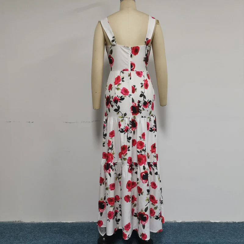 Ellafads Maxi Dress Women Summer Elegant Fashion Floral Print Suspender Sleeveless Slim Backless Evening Beach Maxi Dresses