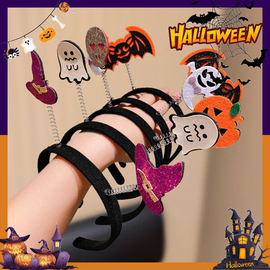 Colorful Halloween wig cap for girls featuring fun festive accessories like ghosts and pumpkins