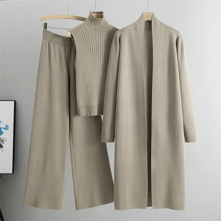 2025 Winter And Autumn Fashionable Elegant Women's Knitted 3-Piece Set cardigan Women's Sweater Women's Wide Leg Pants