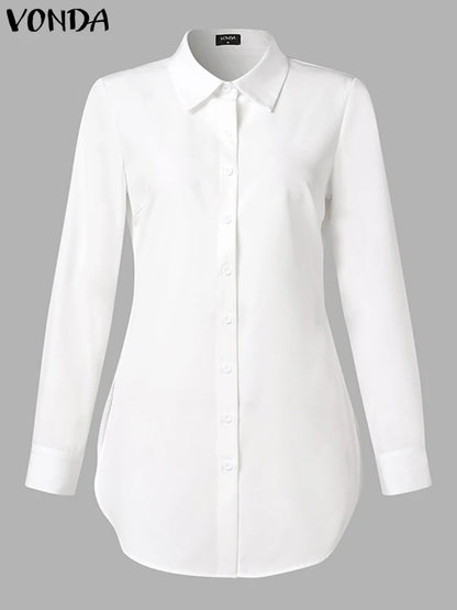 2023 VONDA Casual Shirts Autumn Women Buttons Long Sleeve Blouses Asymmetrical Hem Loose Tops Ladies Solid Color Elegant Blusas