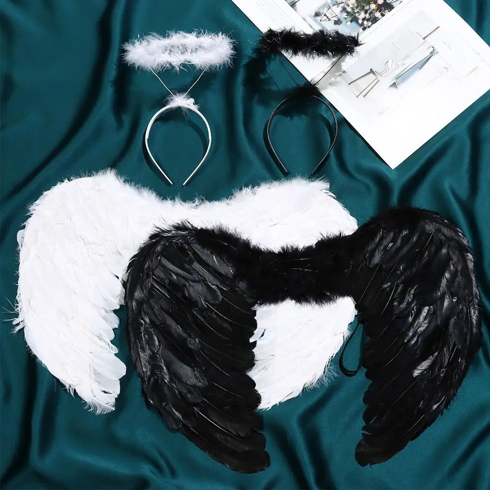 EtherealBe angel wings halo costume set featuring black and white feather wings with headbands