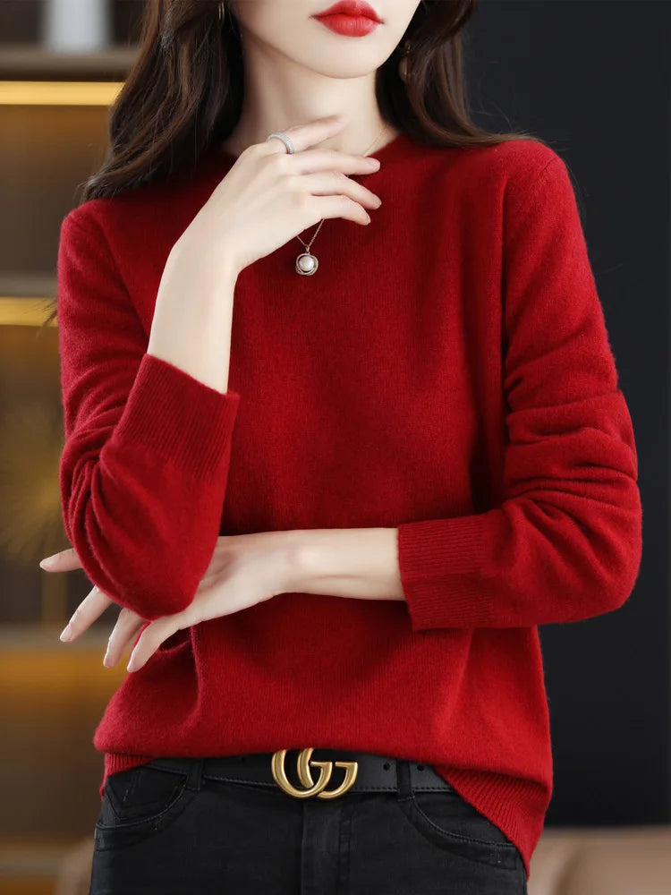 Fashion 100% Merino Wool Sweater Elegant Cashmere Pullover Women O-Neck Long Sleeve Knitwear Basic Clothing  Jumper Tops