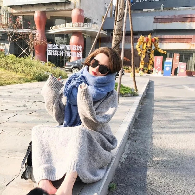 Winter Women Dress Fall Sweater Women Dress Long Sleeve Knitted Dresses Maxi Vintage Oversize Dresses Knitting Thick Warm Purple