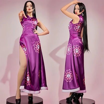 Boa Hancock Cosplay Costume Anime Kimono Purple Dress Cheongsam Cloak Women Halloween  Fancy Dress Cheongsam Uniform Suits